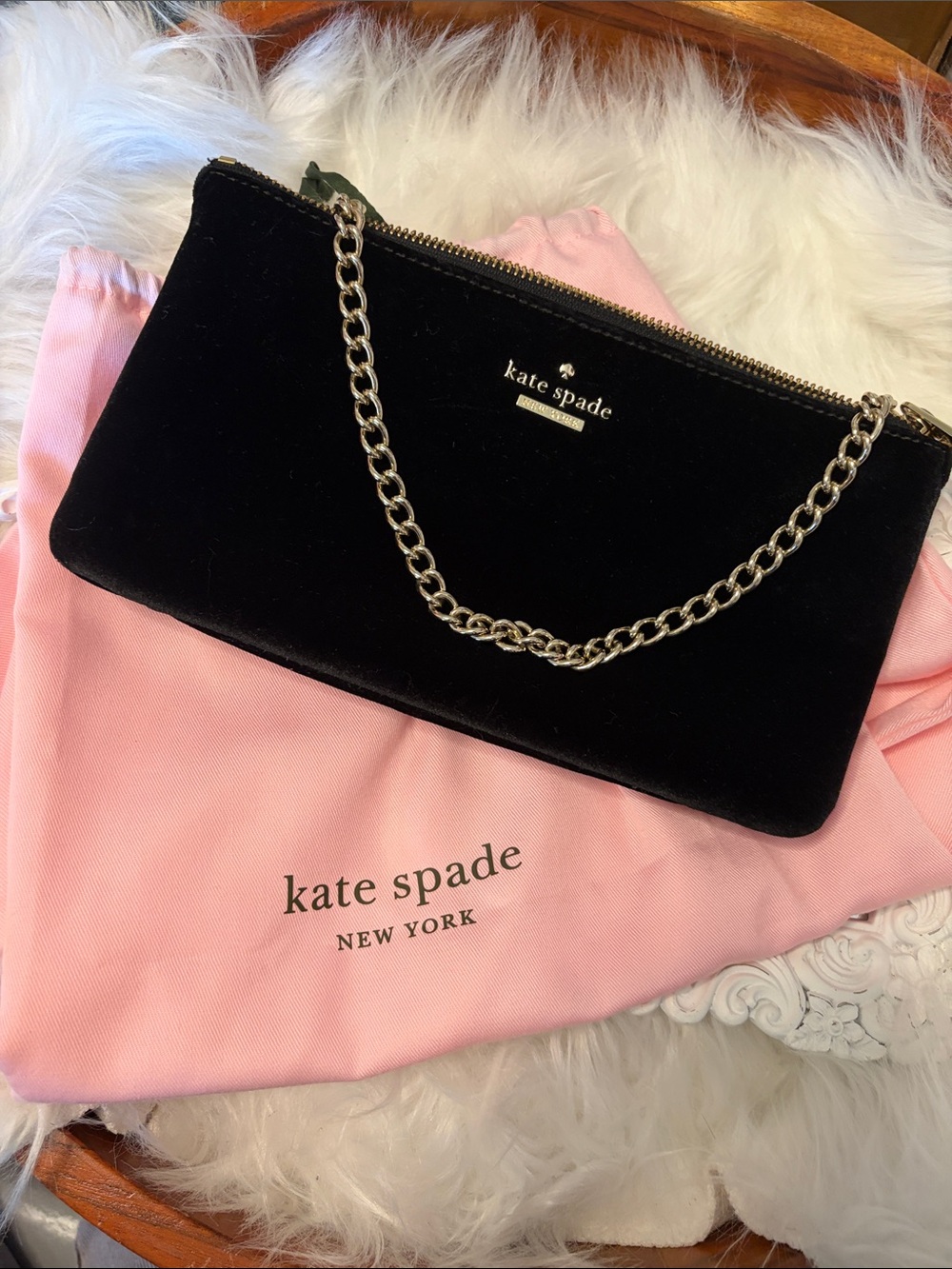 kate spade Black Velvet Chain Shoulder Clutch with Gold Hardware